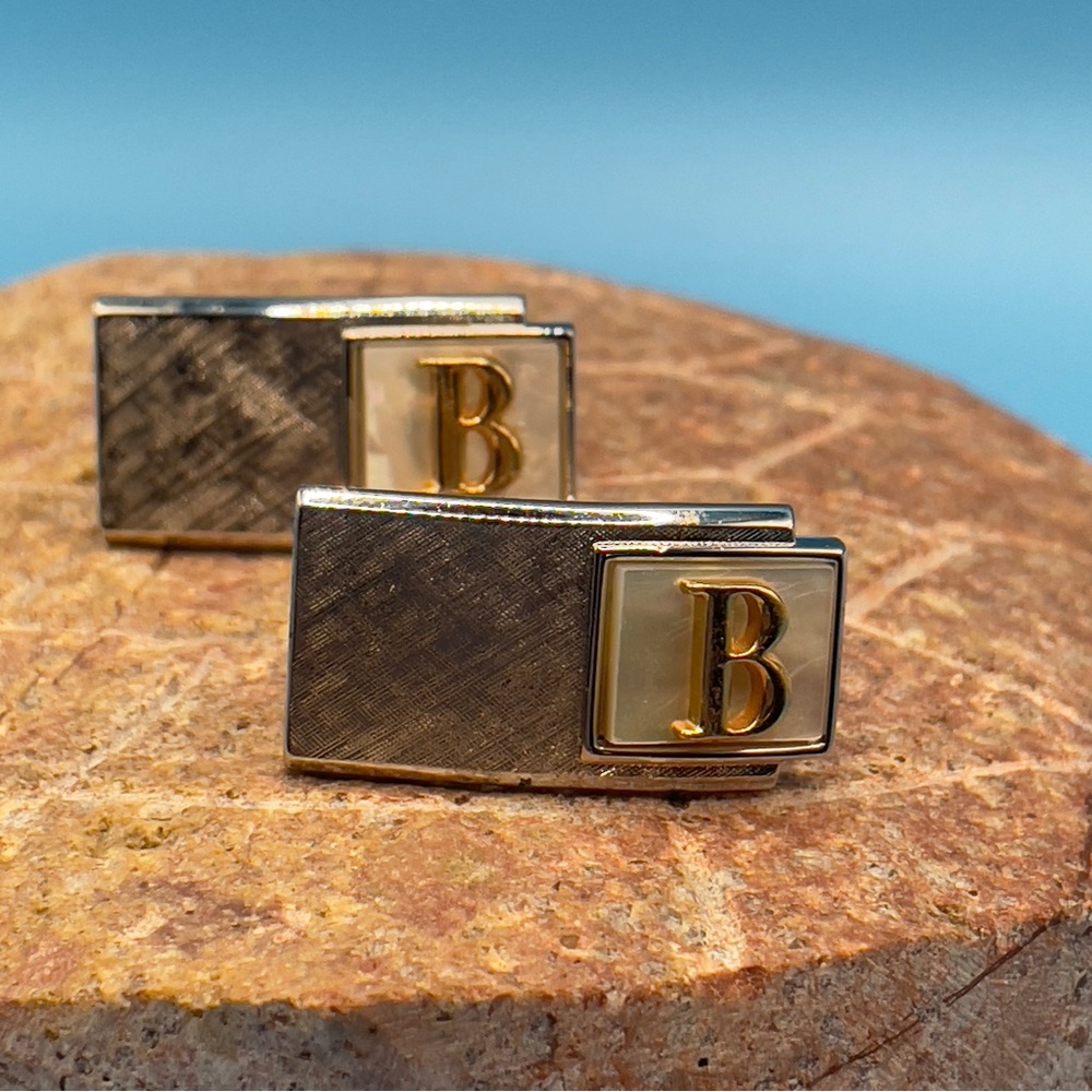 Vintage Swank Gold Tone Mother of Pearl Initial B Monogram Cufflinks 👔 - Picture 1 of 8